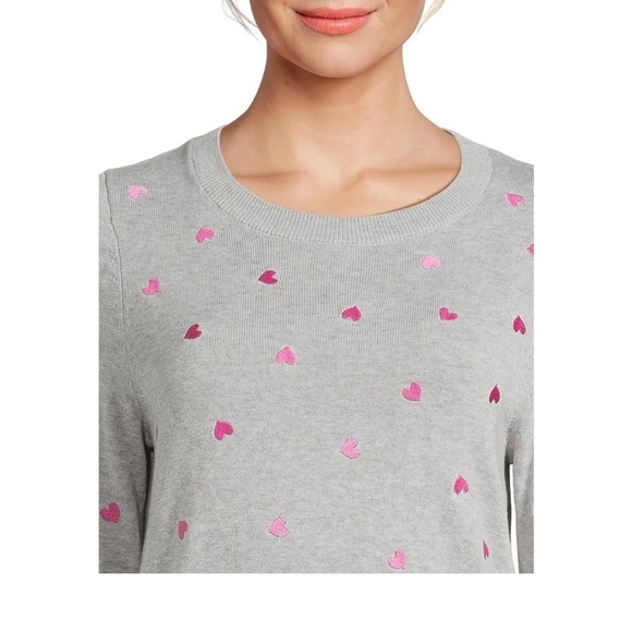 Time and Tru Heart Print Crew Neck Sweater Women’s light Grey Heather Size 4-6 - Picture 4 of 6